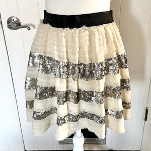Free People Nude Silver Black Ruffle Sequin High Waist Holiday NYE Skirt Sparkle